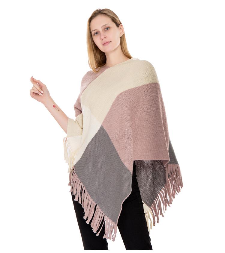 

Women Knitted Sweater, Autumn and Winter Color Block Long Sleeve Tassel Batwing Cape