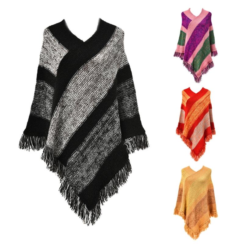 

Women Ethnic Knit Poncho Cape Color Block Striped Tassels Pullover Sweater Shawl