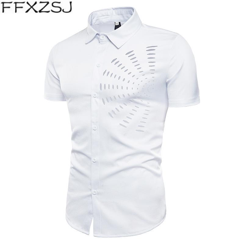 

Men casual Shirt 2020 summer recommend fashion leisure solid color Geometric holes short Sleeve slim fit Shirts EU size -XXL, White