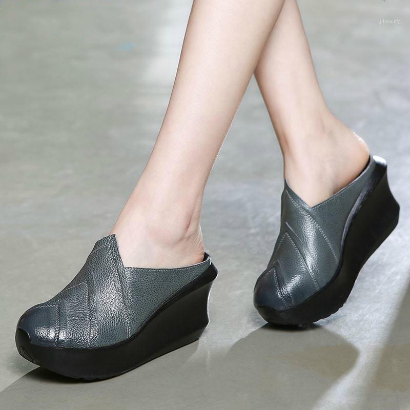 

Summer 2020 Genuine Leather Women Slippers Wedges High Heel Ladies Shoes Platform Retro Handmade Outdoor Slides Zapatos De Mujer1, Black