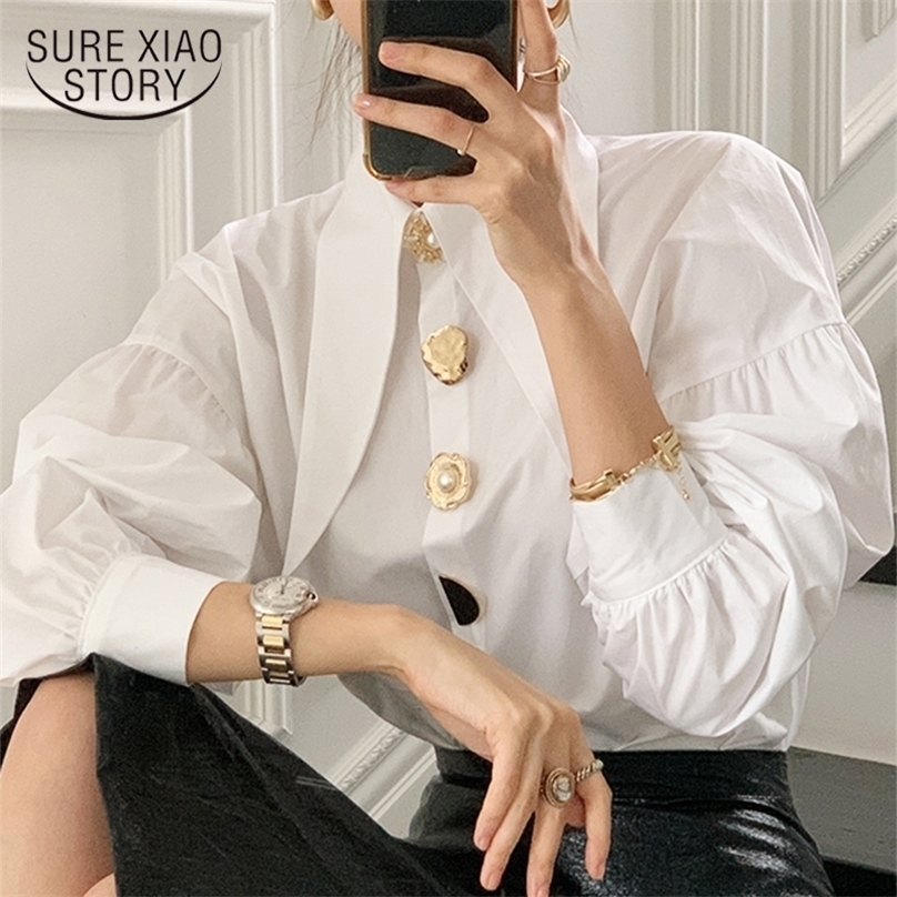 

Korean Turn Down Collar Ladies Shirt Plus Size Lantern Sleeve White Women Blouse Tops Button Fashion Clothing Blusas 15631 220312, Black
