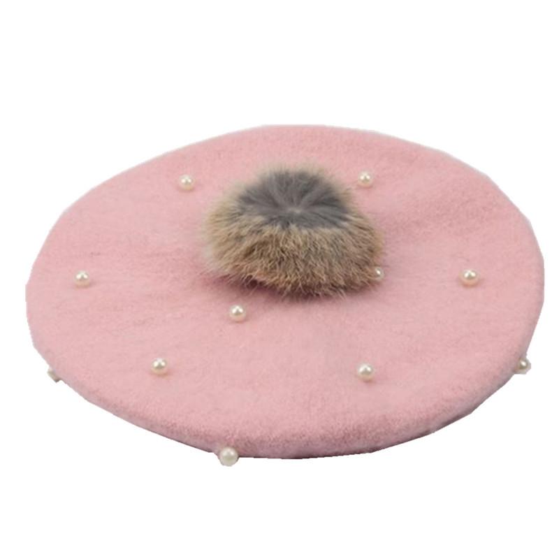 

DOUBCHOW Kids Girls Beading Pompon Solid Color Artist Wool French Berets Hats Cute Pearl Classical Red Baret Beanie Cap Flat Hat, Pink