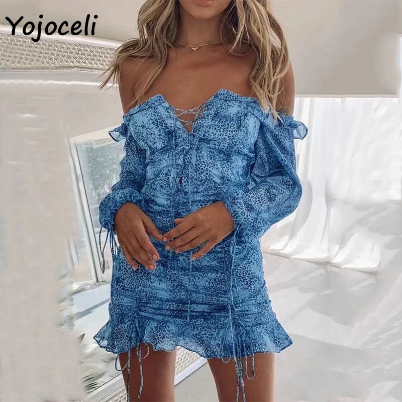 

Yojoceli women off shoulder print dress women lace up boho beach party dress bodycon mini dress long sleeve spring 200928