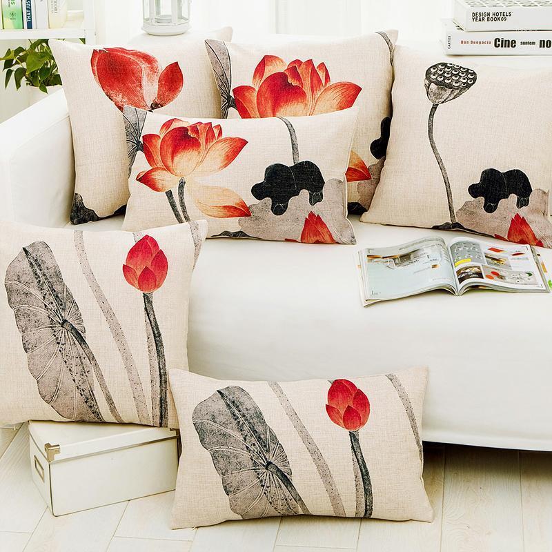 

Beautiful lotus Rural decoration flowers leaves Pillow car for Car office lumbar pillow home decorate sofa cushions ink1, A 45x45cm