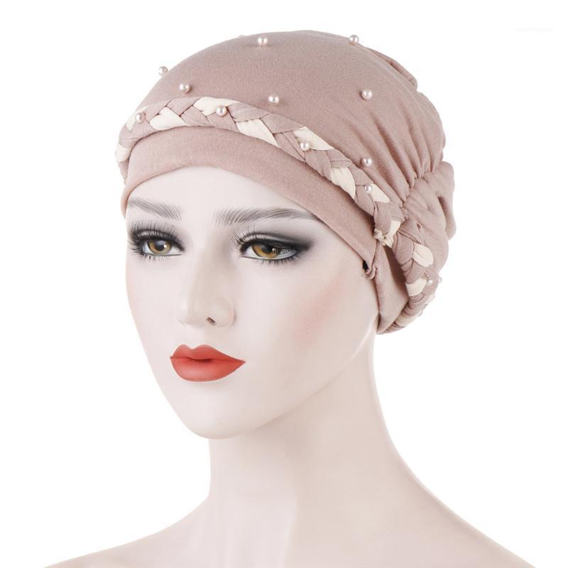 

New Muslim Turban Caps Twist Cotton Pearls Turban Bonnet Woman Hat Winter Femme 1pcs1, Black