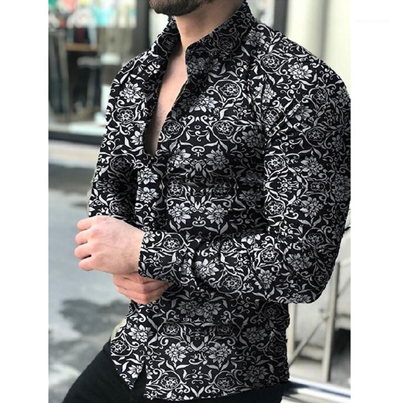 

Fashion Shirts For Men Long Sleeve Floral Print Shirt Autumn Shirts Men Dress Camisa Button Lapels Collar Male Turn Down Collar1, Black