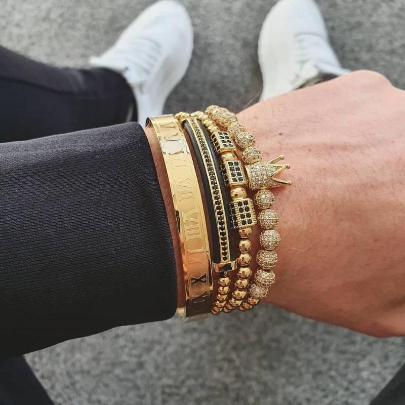 

4pcs/set Hip Hop Braided Braiding Bracelet Men Pave CZ Zircon Crown Bracelet Luxury Jewelry