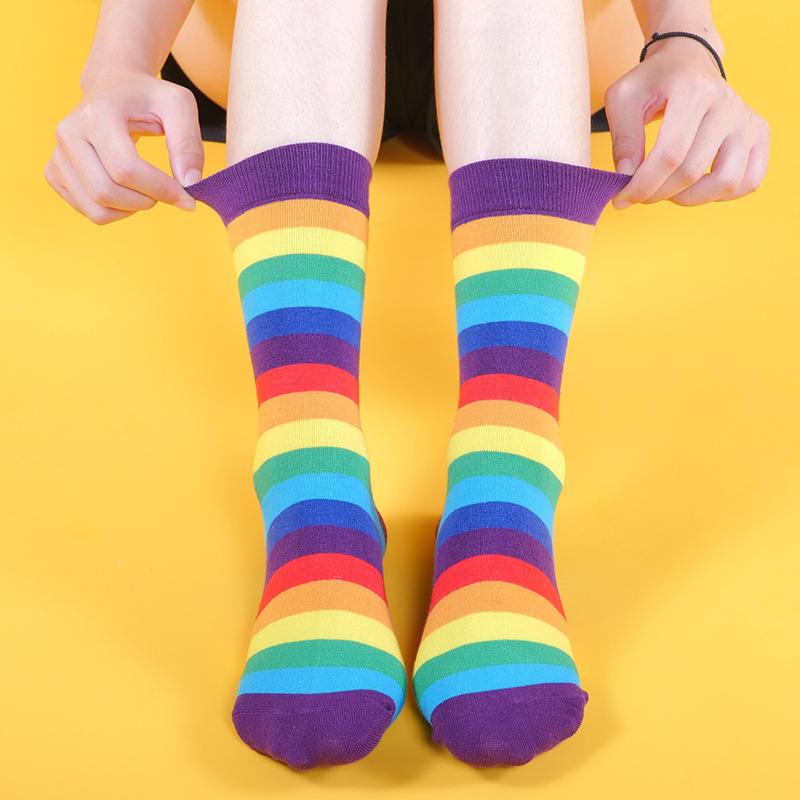 

Cotton Elasticity Sweat Women's Long Socks Luxury Candy Color Rainbow Striped Sporty Casual Girls Retro Harajuku Christmas Socks