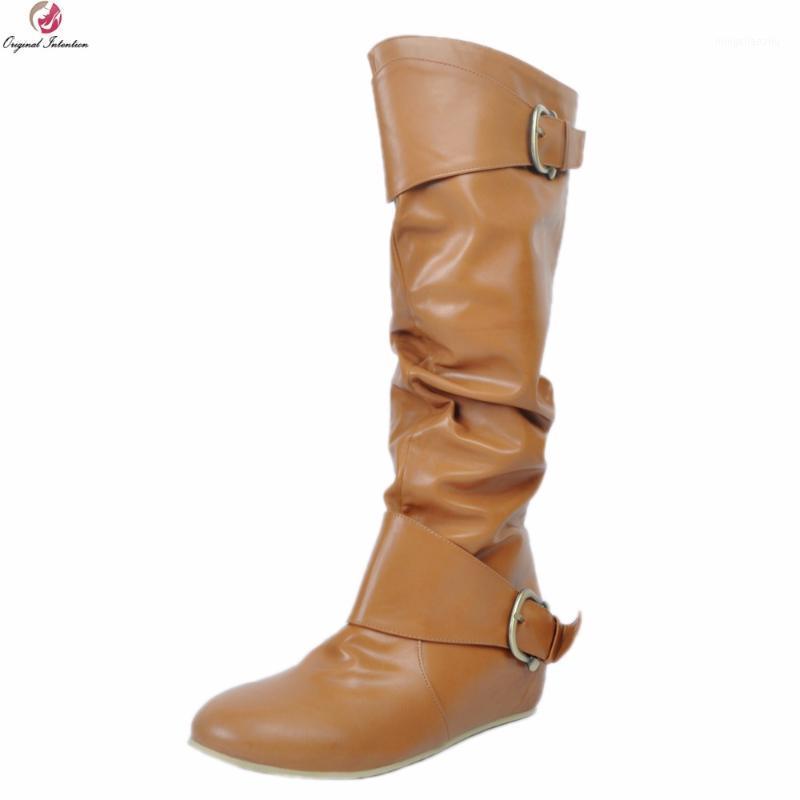 

Original Intention New Cool Women Knee High Boots Round Toe Height Increasing Boots Fashion Brown Shoes Woman Plus US Size 4-151, Ef0494