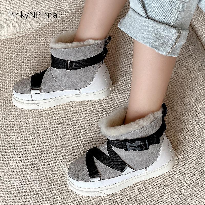 

2020 winter new women cow suede real sheep wool lining warm outdoor ski snow ankle boots plus size platform waterproof shoes, Black