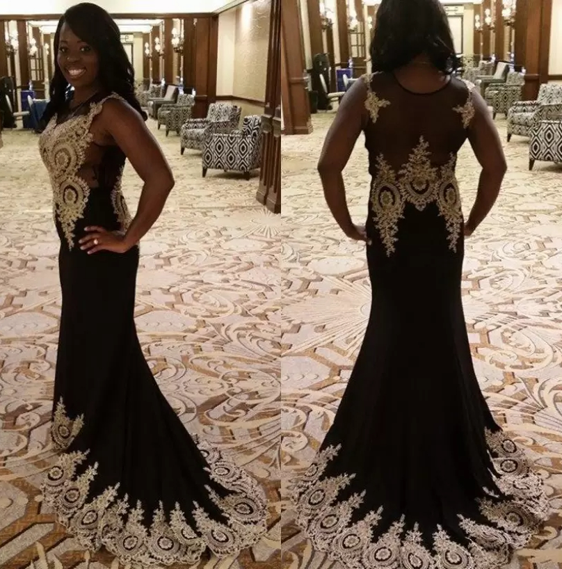 

2022 Black Long Prom Dresses Illusion Neck Mermaid Blue Prom Gown Gold Applique Sleeveless Red Floor Length Evening Dresses US Stock CPS234, Same as picture