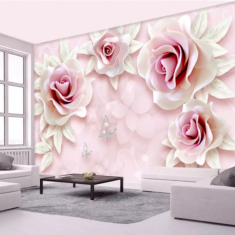 

Custom Mural Wallpaper Fresh Simple 3D Embossed Pink Rose Art Mural Living Room Bedroom TV Background Wall Cloth Wall Painting, As pic