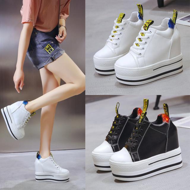 

2021 Women Sneakers Casual Platform Trainers White Shoes 10CM Heels Autumn Wedges Breathable Woman Height Increasing Shoes1, Black
