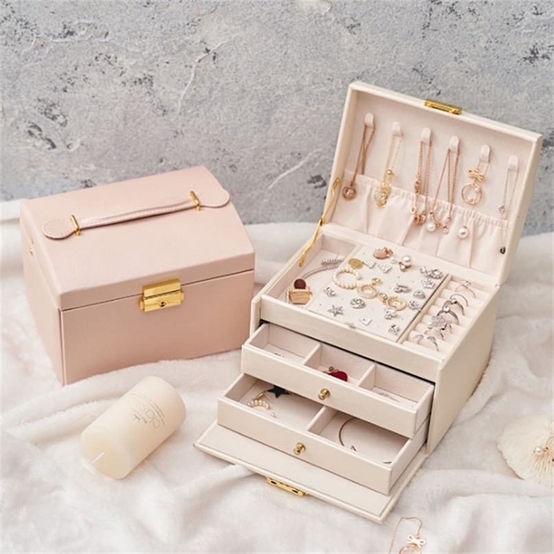 

Customized PU Leather Storage Organizer Designer Women's Travel Jewelry Box Display Tray Portable Two-Layer For 220218, White