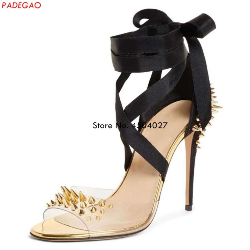 

Sexy Strappy PVC Clear Sandals Pumps Rivets Studded High Heels Transparent Ankle Strap Stilettos Heels Fashion Shoes, As picture