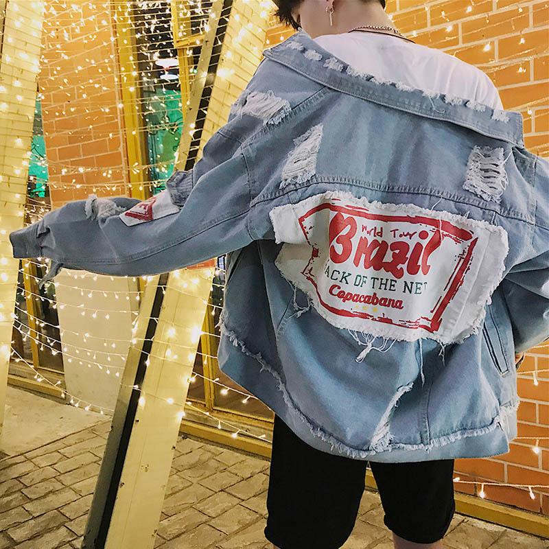 

Spring Harajuku men' Ripped hole patch washed denim jacket men clothing Korean loose fashion jacket outside chaqueta hombre, Blue