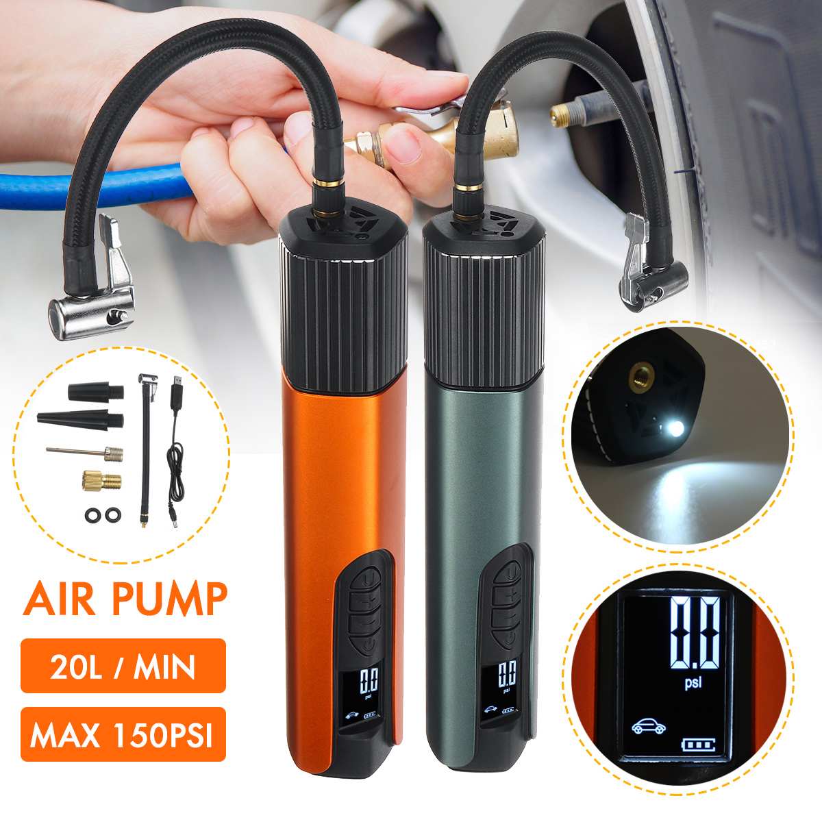 

150PSI USB Cordless Portable Air Compressor LCD Handheld Inflatable pump for Car Bicycles Tires Balls Swimming Rings