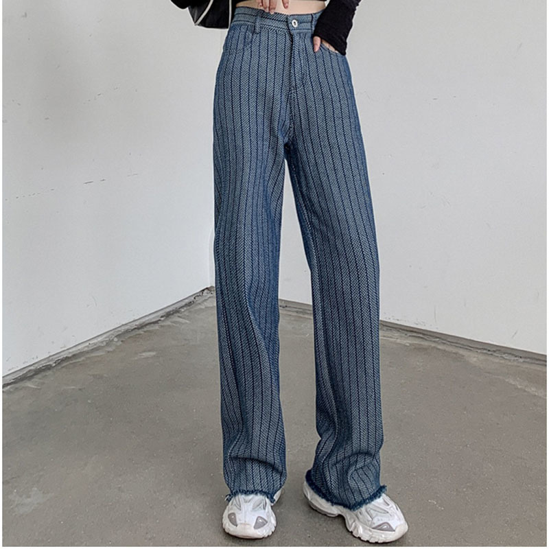 

2021 New Broad-legged Pants of Women Autumn New Winter Heavy Retro Striped Old Drape High Fashion Straight Waistline Scrub Jeans1x Ydb5, Blue