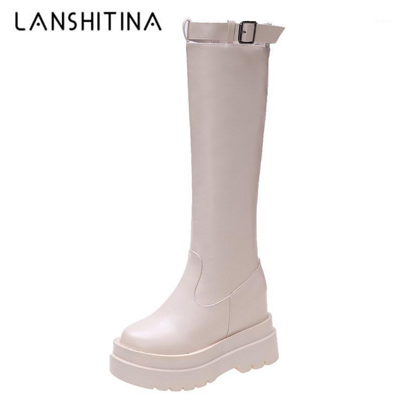 

New Women Cross Strap PU Leather Boots Autumn Winter Knee High Boots 11CM Black Ladies Thick Sole Platform Long Boot Botas Mujer1, Beige