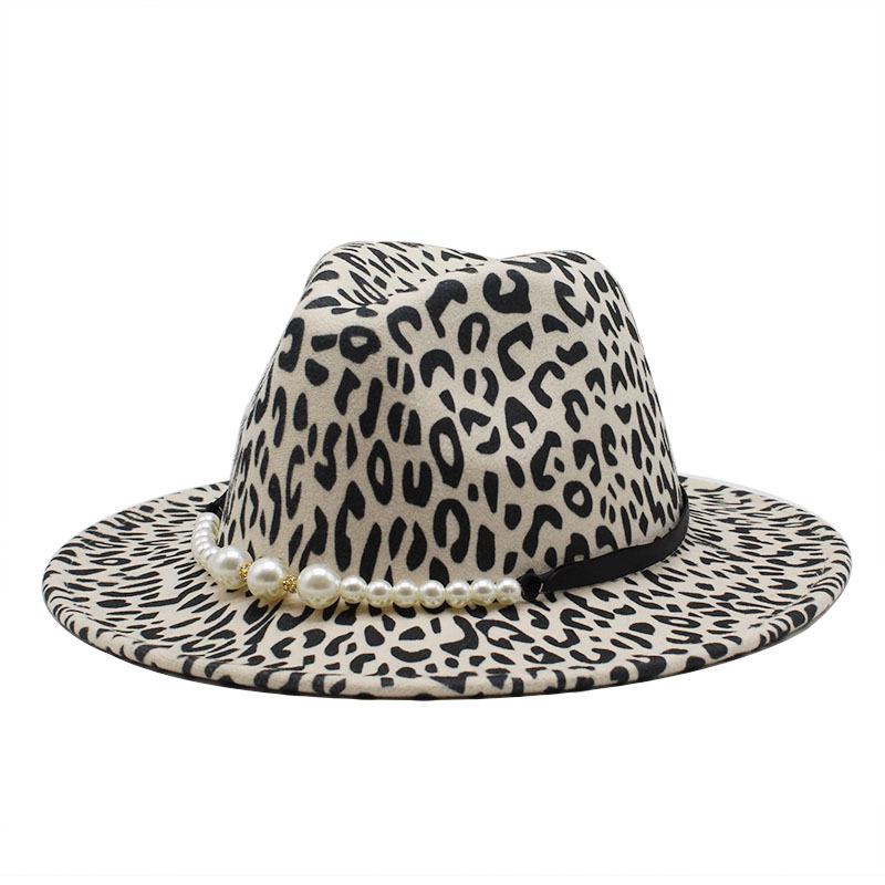 

Fashion retro leopard print pearl jazz top hat winter imitation woolen hat ladies versatile fedora wide brim Panama, White