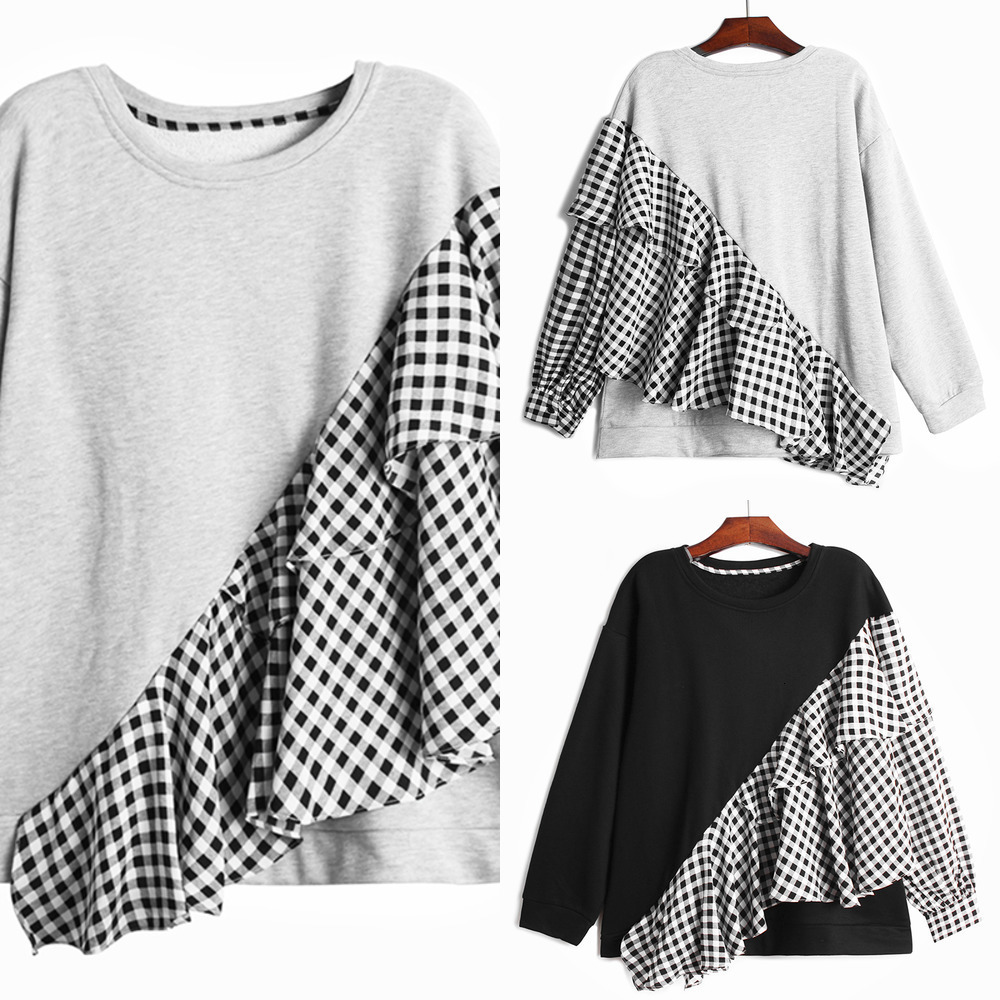 

Neck [EAM] Loose Fit Gray Plaid Ruffles Sweatshirt New Round Long Sleeve Women Big Size Fashion Spring Autumn 2020 1DA145, Black