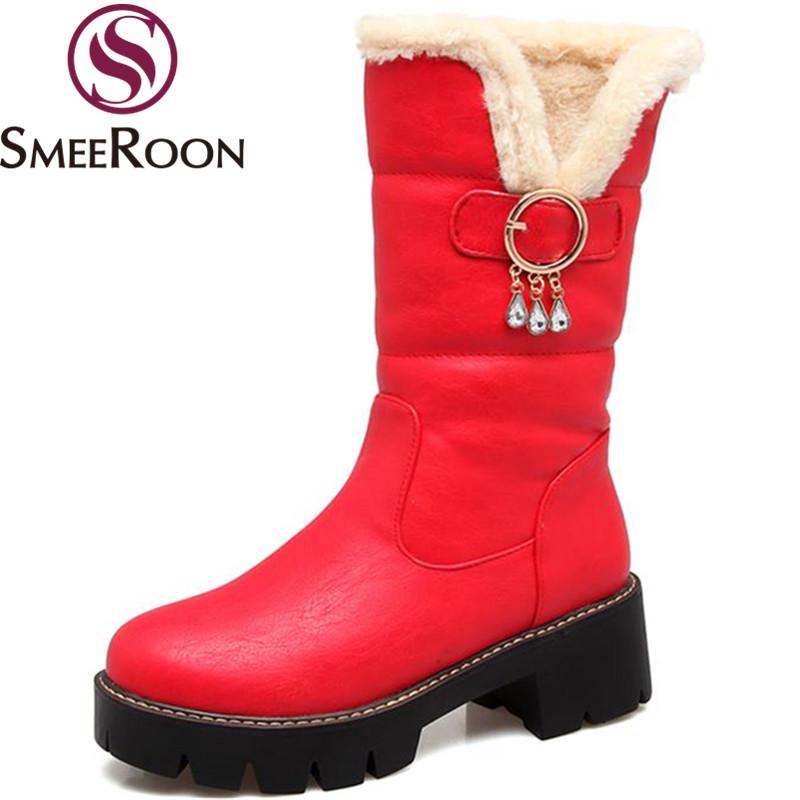 

Smeeroon fashion buckle flock mid calf boots for women comfortable low heels boots keep warm winter campus shoes woman, Black