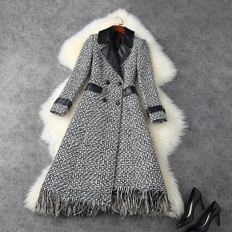 

HIGH STREET 2020 Fall Winter Designer Coat Women' Double Breasted Fringed Tassel Tweed Long OverCoat, As pic