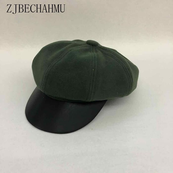 

Berets Beret Female Autumn Winter Hats For Women Ladies Pu Wool Leather Cap Boina Feminina Gorras Bone Vintage England Black