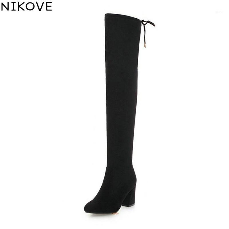 

NIKOVE 2020 Women Boots Over The Knee Boots Lace Up Winter Shoes Short Plush Pointed Toe Square High Heels Shoes Woman 34-431, Black