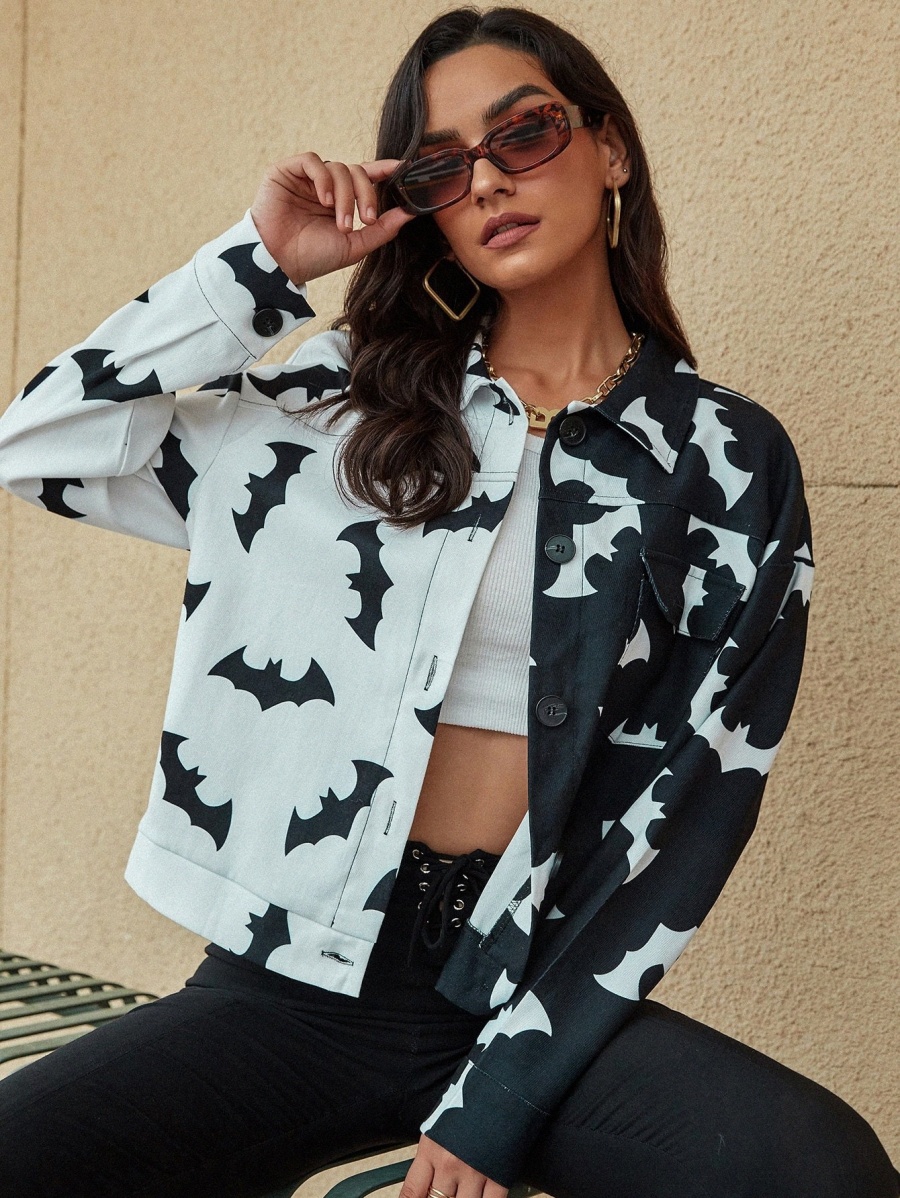 

Bat Print Two Tone Drop Shoulder Jacket 84fA#, Black and white