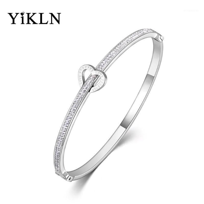 

YiKLN Rose Gold Stainless Steel Love For Ever Rhinestone Cuff Bangles Bracelets Jewelry For Women Valentine's Day Gift YB190321