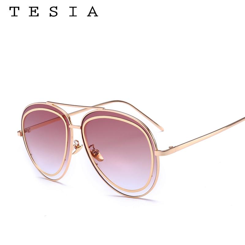 

TESIA Fashion Sunglasses Women&Men Mirror Coating Sunglasses Famous Women Brand Mental Frame Eyewear Twin Bean Glasses T1091