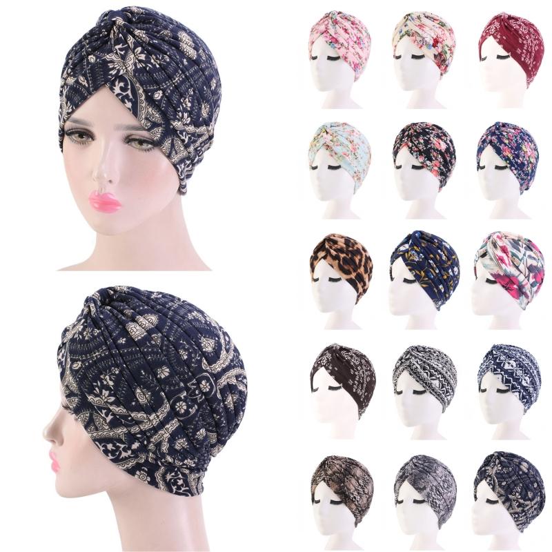 

Women Cotton Flowers Print Turban Bandana Sleep Cap Headwear Beanie Pleated Hat Chemo Cancer Bonnet Hijab Wrap Headscarf, Color1