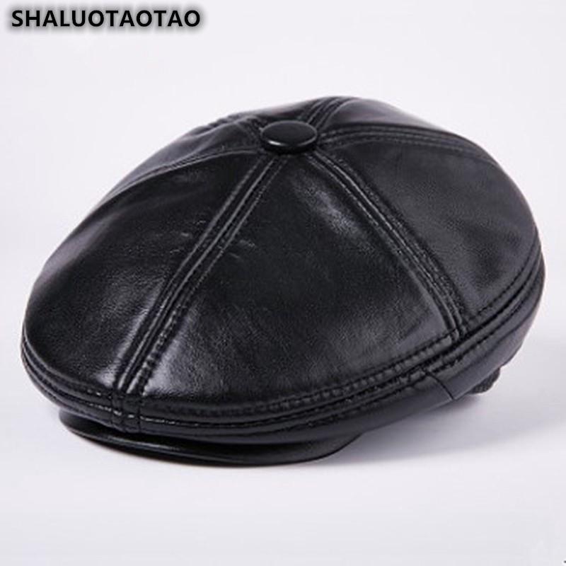 

Berets SHALUOTAOTAO Quality Sheepskin Genuine Leather Hat For Men's Winter Thick Thermal Fashion Velvet Ear Protection Cap, Black