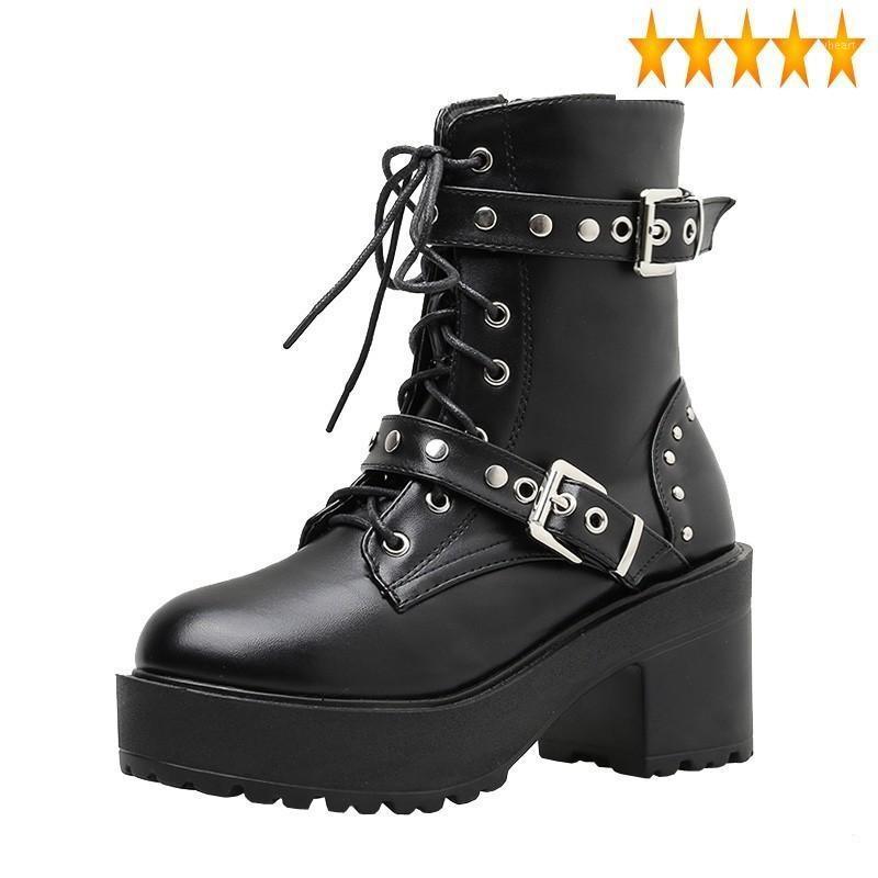 

Pu Punk Women High Heels Leather Motorcycle Ankle Round Toe Platform Buckle Strap Lace Up Nightclub Fashion Short Boots1, Black