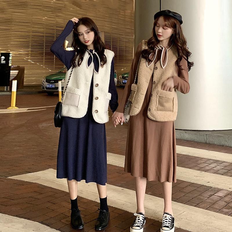 

Autumn suit women 2020 new Korean style temperament long-sleeved dress two-piece fashion imitation lamb hair vest, White vest 1pcs