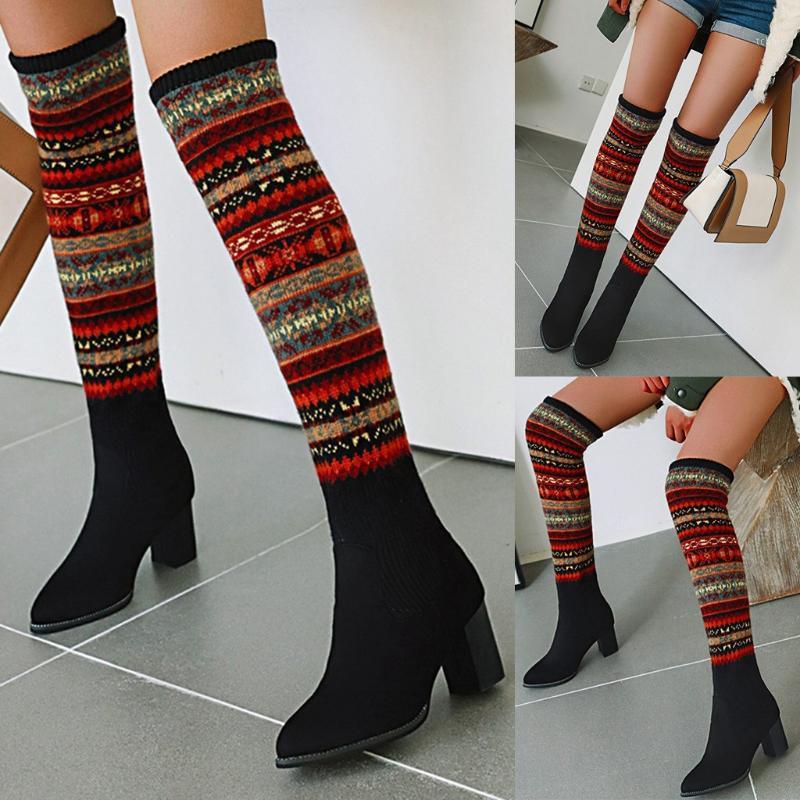 

Women Winter Warm High Heels Cool Slip On Kneeth Sexy Snow Boots Shoes1, Black