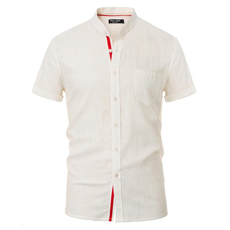 

Summer Men Shirts Clothing Loose Fit Rayon & Linen Shirt Tops Short Sleeve Stand Collar Breathable Contrast Color Casual Shirts, Beige