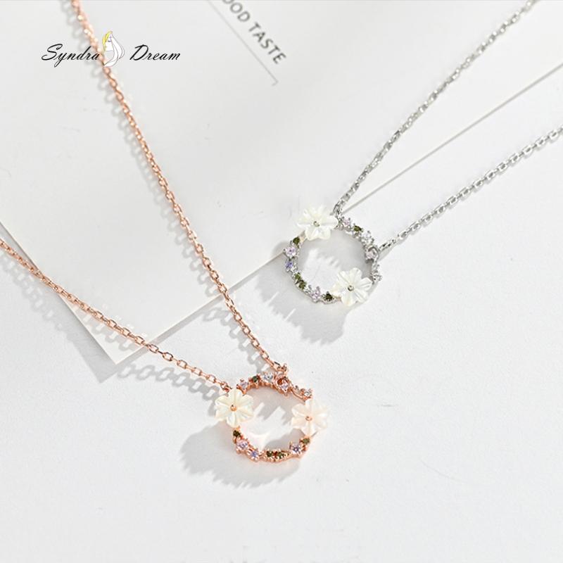 

New s925 Sterling Silver Wreath White Shell Necklace Fashion Zircon Plum Blossom Pendant Clavicle Chain Fine Jewelry For Women