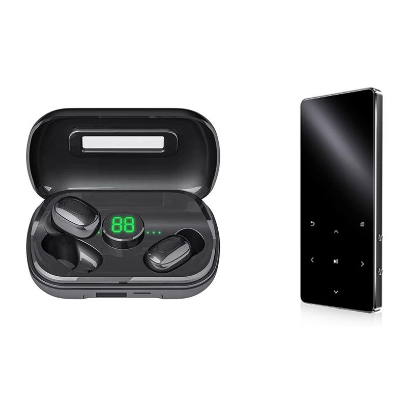 

1 pair Tws Bluetooth V5.0 Hifi Wireless Earphones Headphone & 1pcs Bluetooth Card Mp3 Player Student English Voice, Black