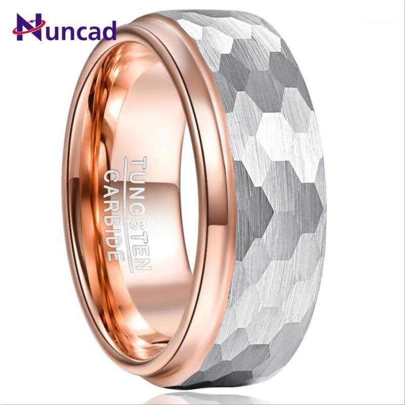 

Wedding Rings 8mm Wide Tungsten Carbide Ring Side Step Rose Gold Plating Surface Hammered Steel Jewelry1