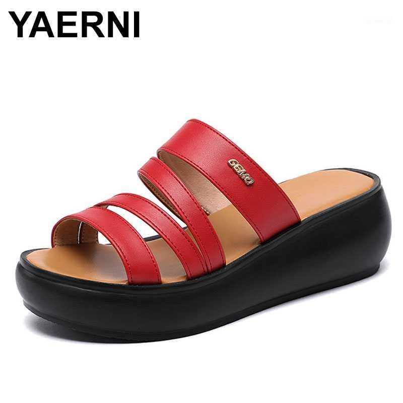 

YAERNI Classic Red Women's Slippers Mid Heels Platform Shoes Plus Size Cutout Split Leather Shoes Casual Ladies Casual Wedge1, Black