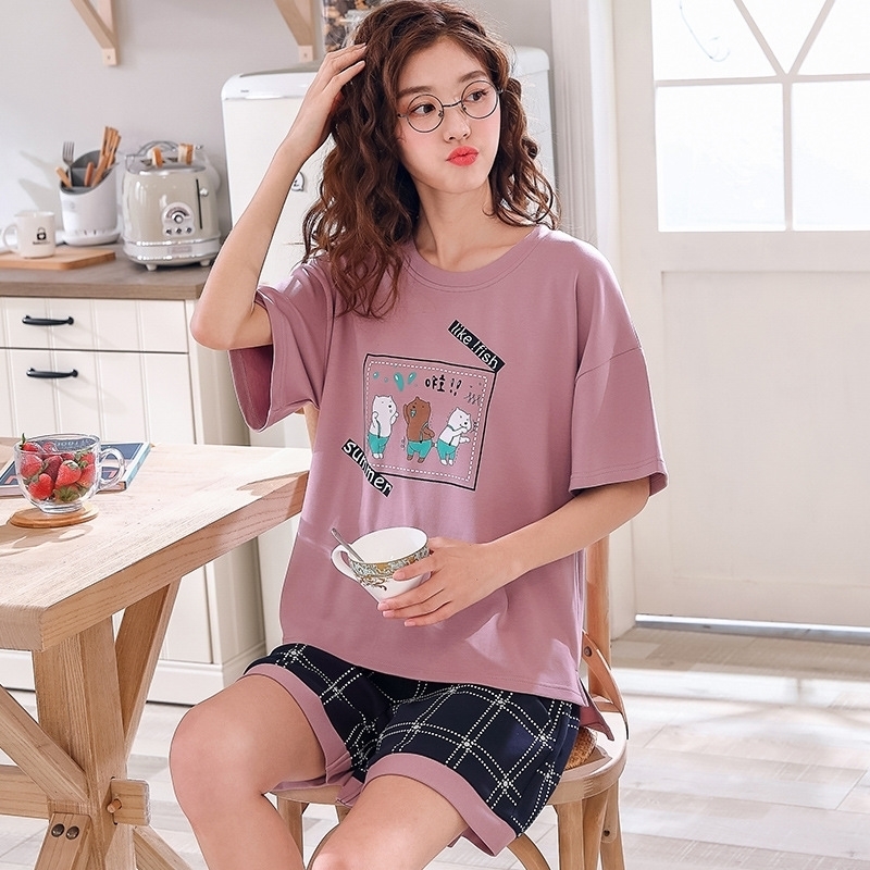 

summer new women's pajamas set cute cartoon round neck short-sleeved T-shirt+shorts 2pcs cotton comfortable home clothing 210203, Yfc9258