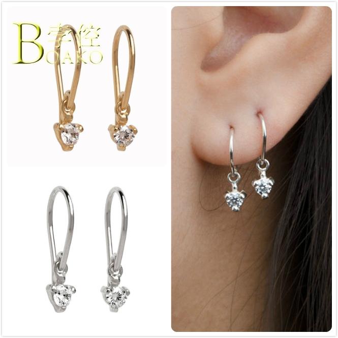 

Real 925 Silver Earrings For Women Gold Zircon Hoop Earrings Girl Ear Bone Piercing Earring Female Geometric aretes B5