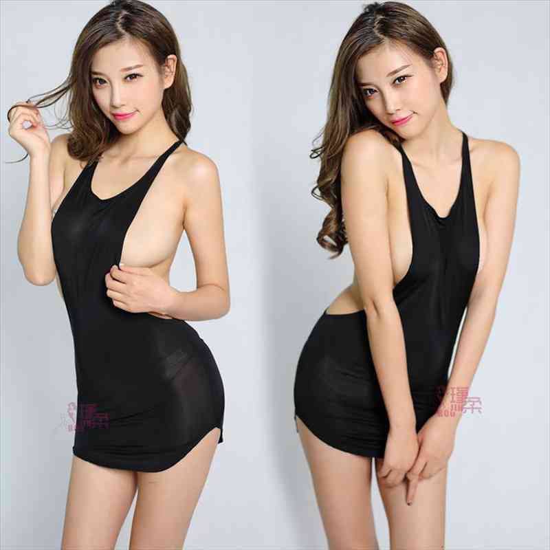 

Sexy Hollow Out Milk Ice Silk Smooth High Cut Dress Backless See Through Mini Dress Transparent Night Club Fantasy Erotic, Black;gray