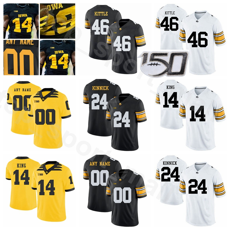 

NCAA Football College Iowa Hawkeyes 24 Nile Kinnick Jersey 46 George Kittle 12 Ricky Stanzy 14 Desmond King 23 Shonn Greene Black White, With 150th patch