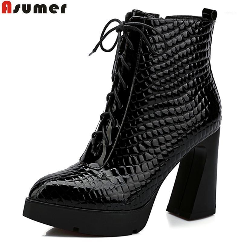 

ASUMER high quality full genuine leather boots lace up pointd toe platform autumn winter riding ankle boots ladies short shoes1, Black