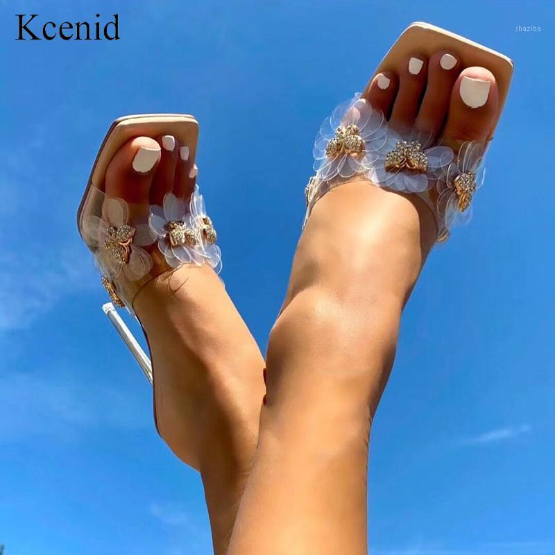 

Kcenid Women slippers PVC transparent crystal heel summer shoes woman metal design square toe high heels party prom slides shoes1, Apricot