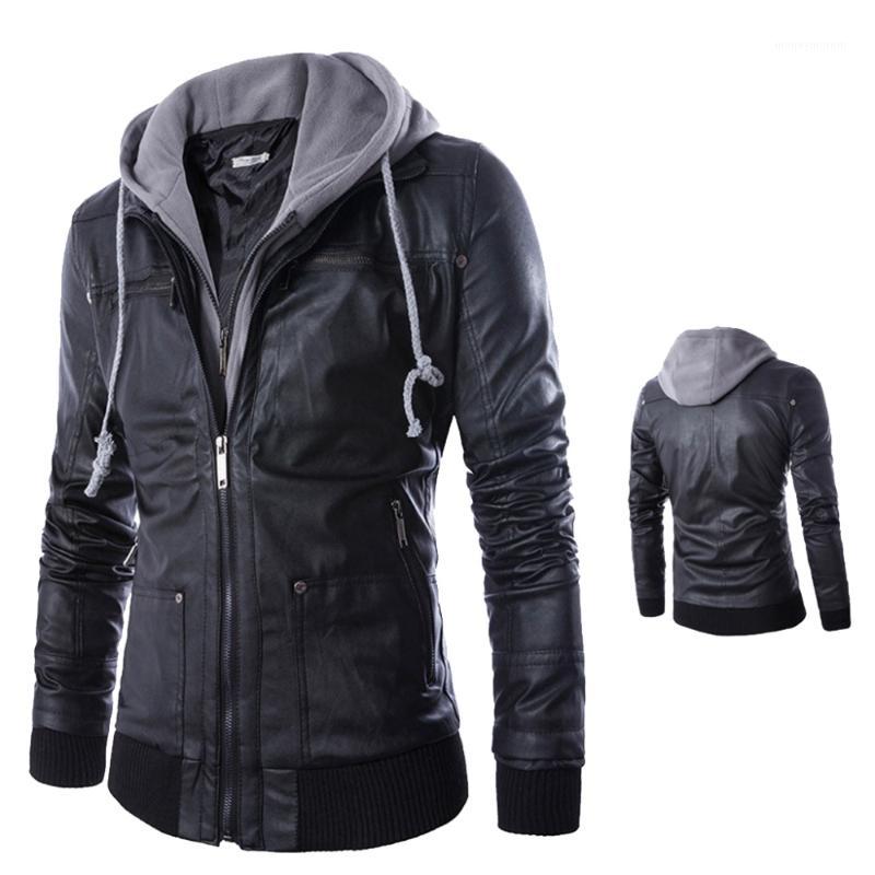 

VVTS Men's Hooded Fake Two-Piece Hat Detachable Leather Men's Motorcycle Leather Casual Hoodies With Zipper Jacket Coat1, Black