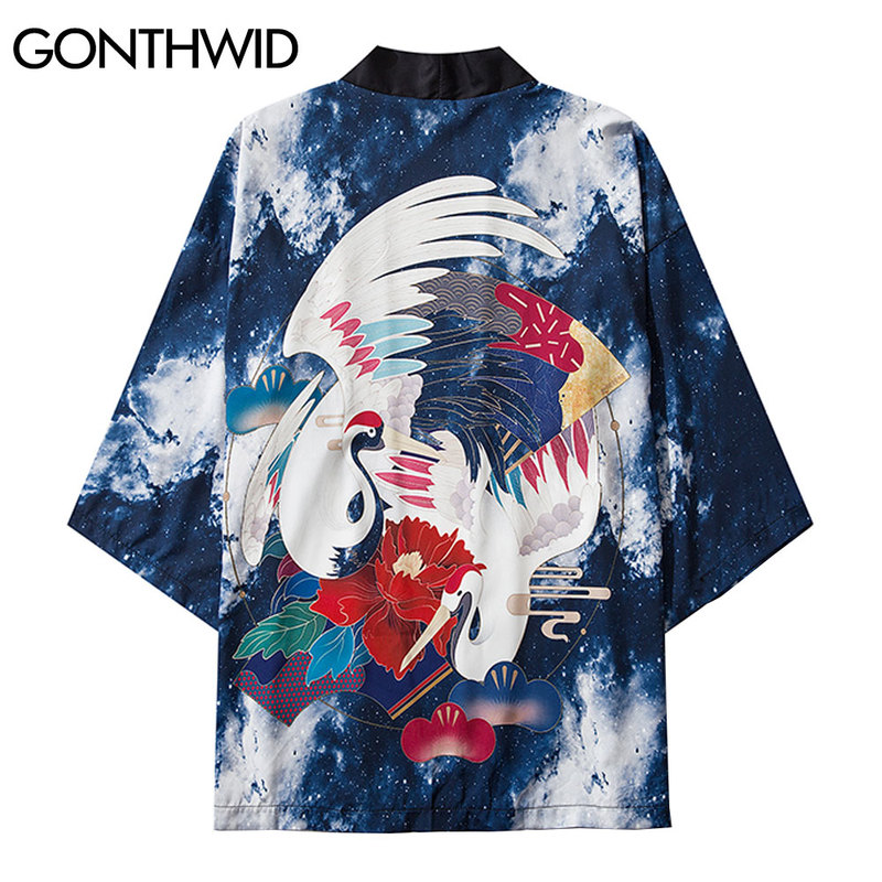 

Kimono Cardigan Jackets Shirts Japanese Cranes Flowers Print Blouse Yukata Jacket Shirt Harajuku Casual Loose Tops, Kg-1